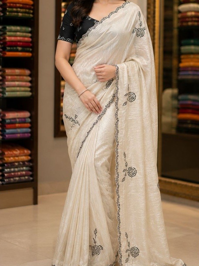 off-white crunchy silk saree