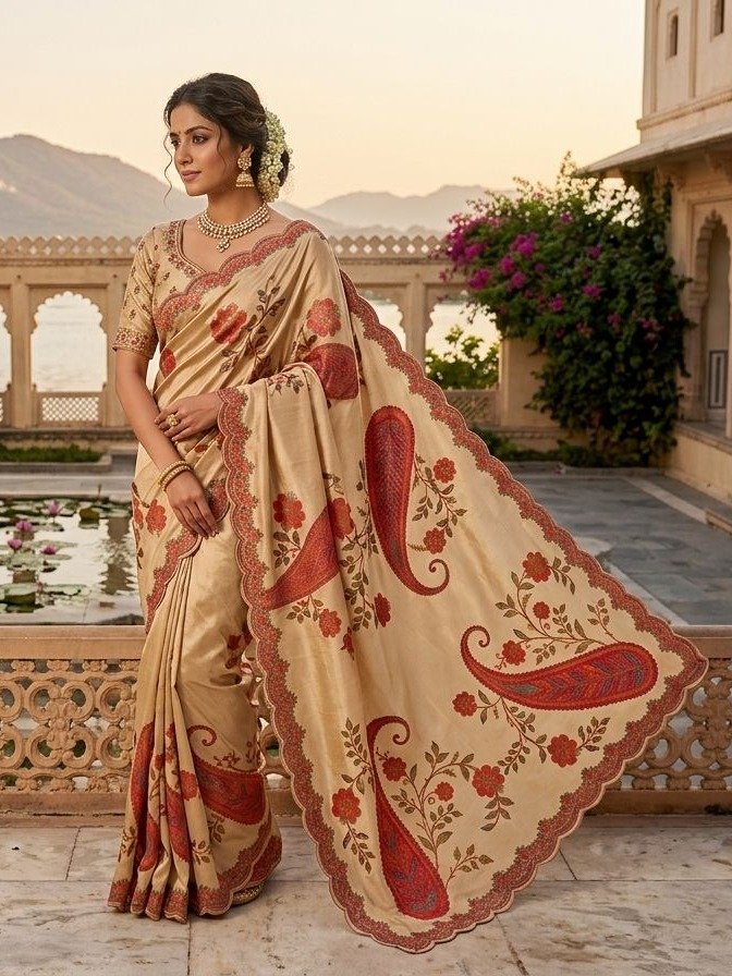Beige Hand-Embroidered Scallop Border Saree
