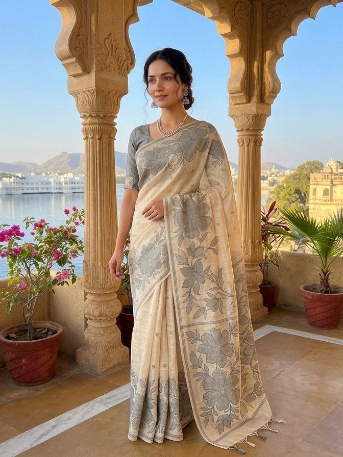 beige and grey chandari  silk saree
