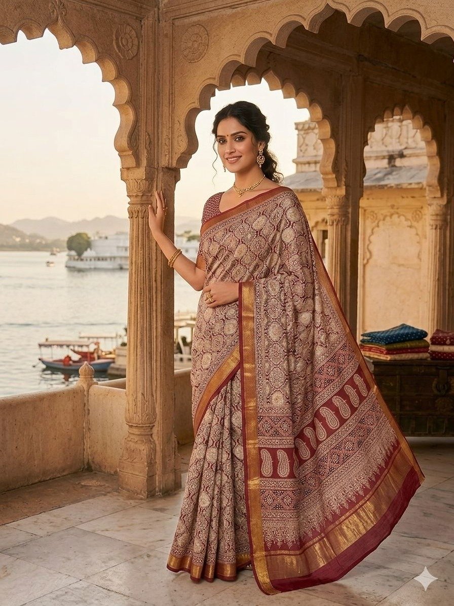 RED and white AJRAK PRINT SAREE 