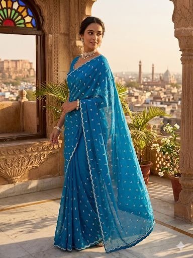 blue colour dual shade saree 