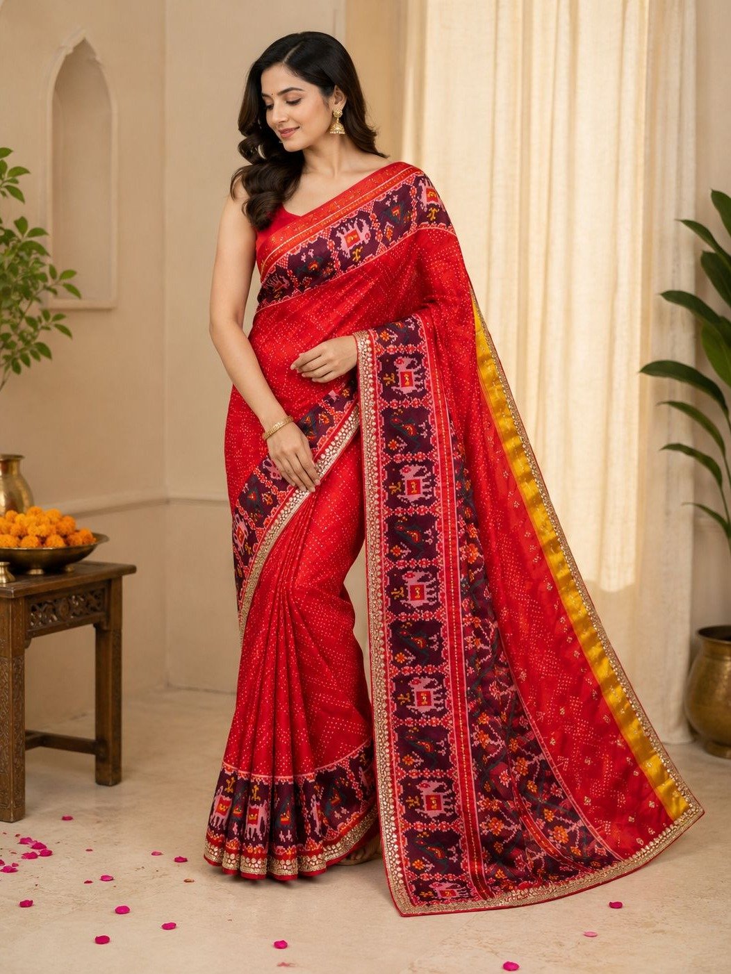 bright red Bandhani print saree