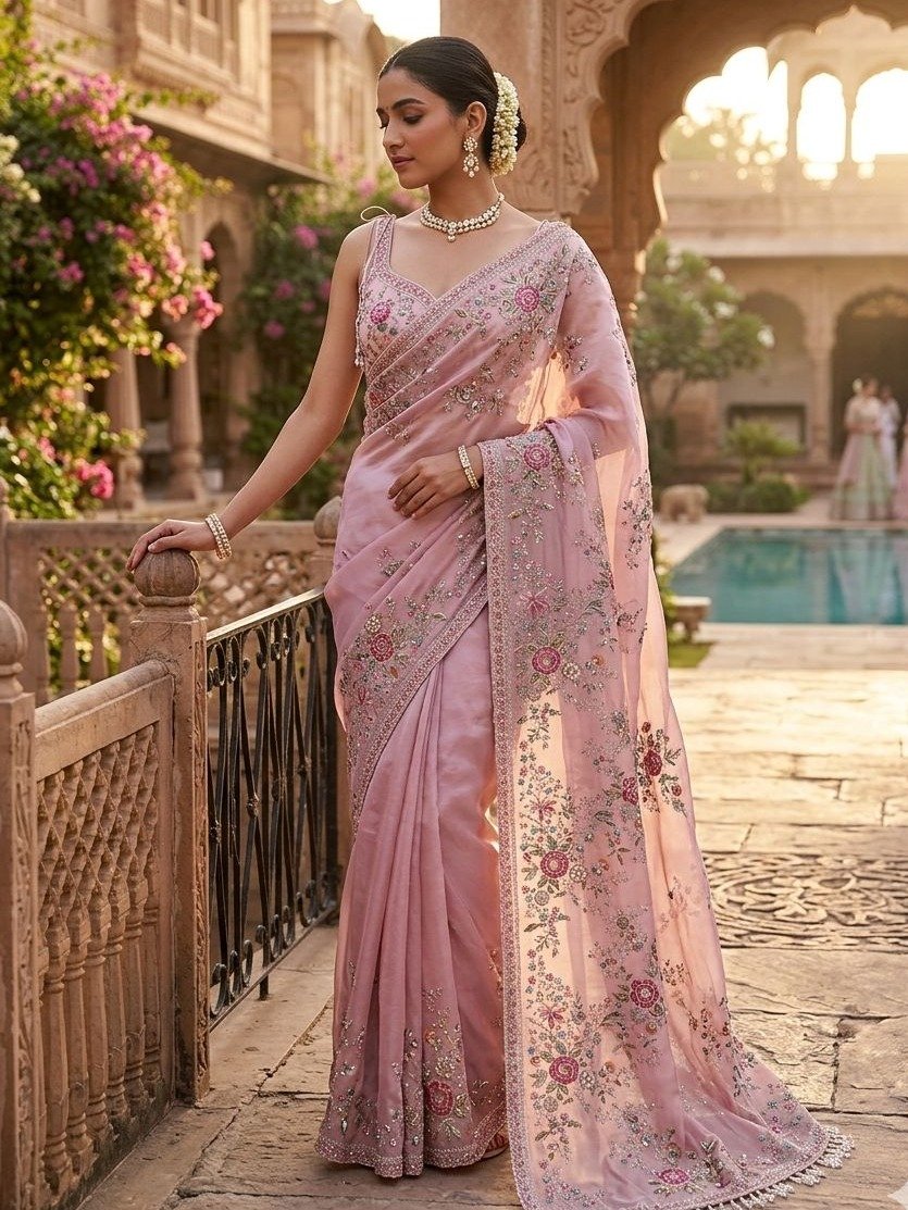  Onion Pink Embroidered Organza Saree 