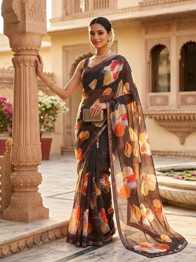 Brown Floral Printed Georgette Saree with a Pearl Lace Border