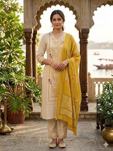 traditional beige cotton kurta set