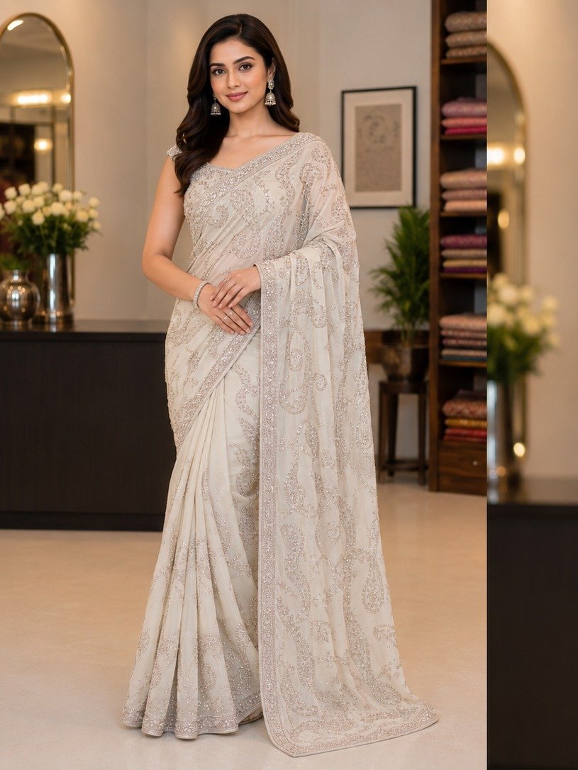  ivory-white georgette cocktail saree