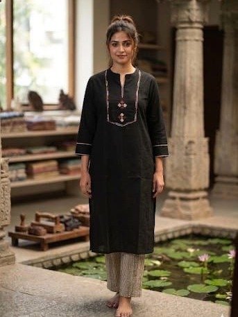  black cotton embroidered kurta set