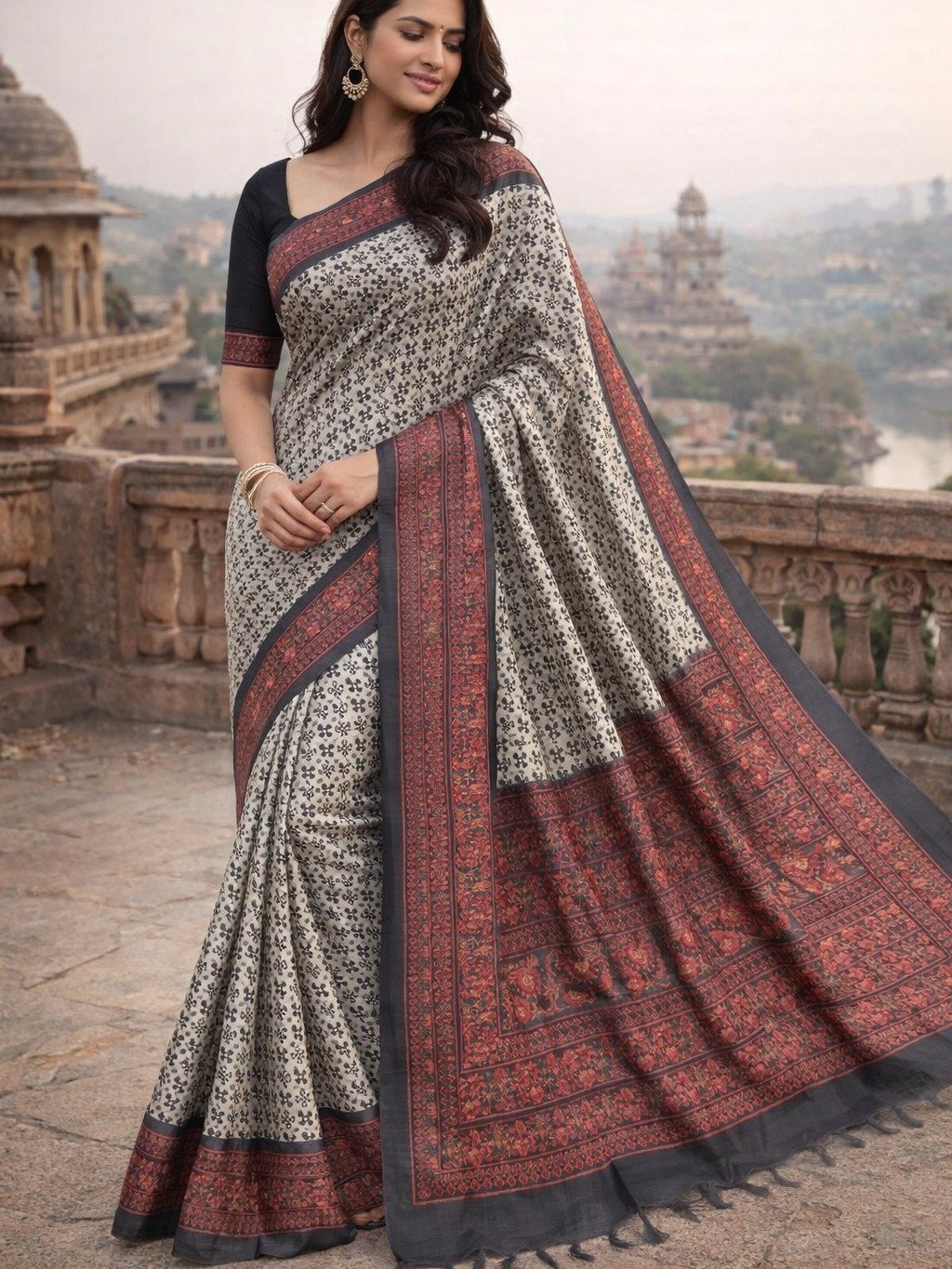 Ajrakh printed cotton saree 