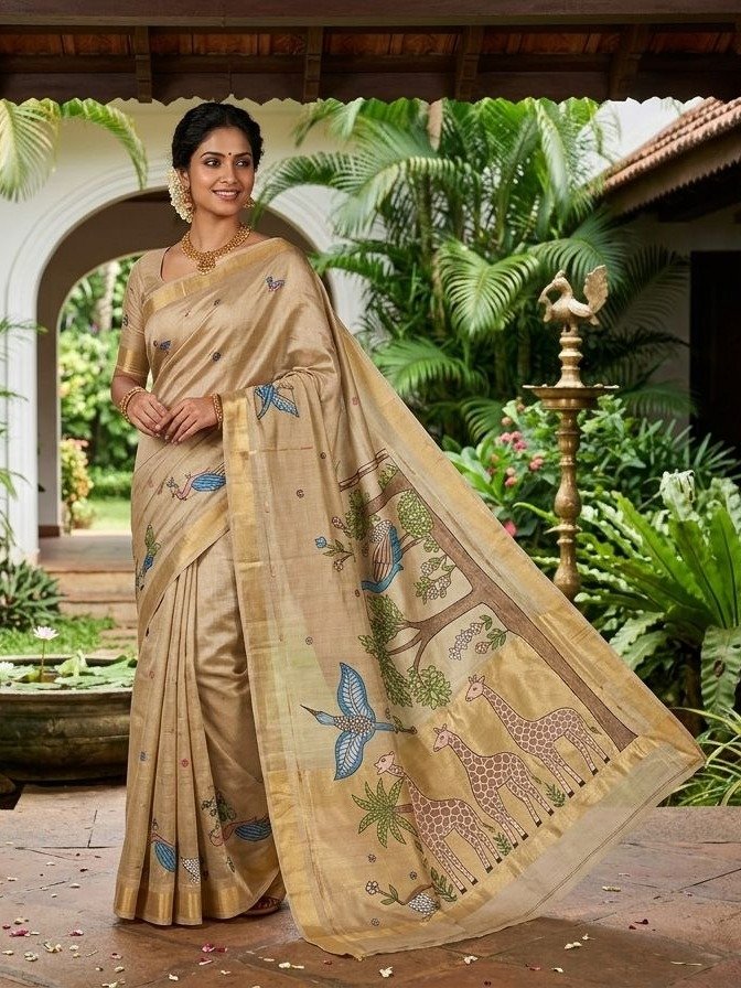 beige chandari SilkPichwai-inspired digital prints saree 