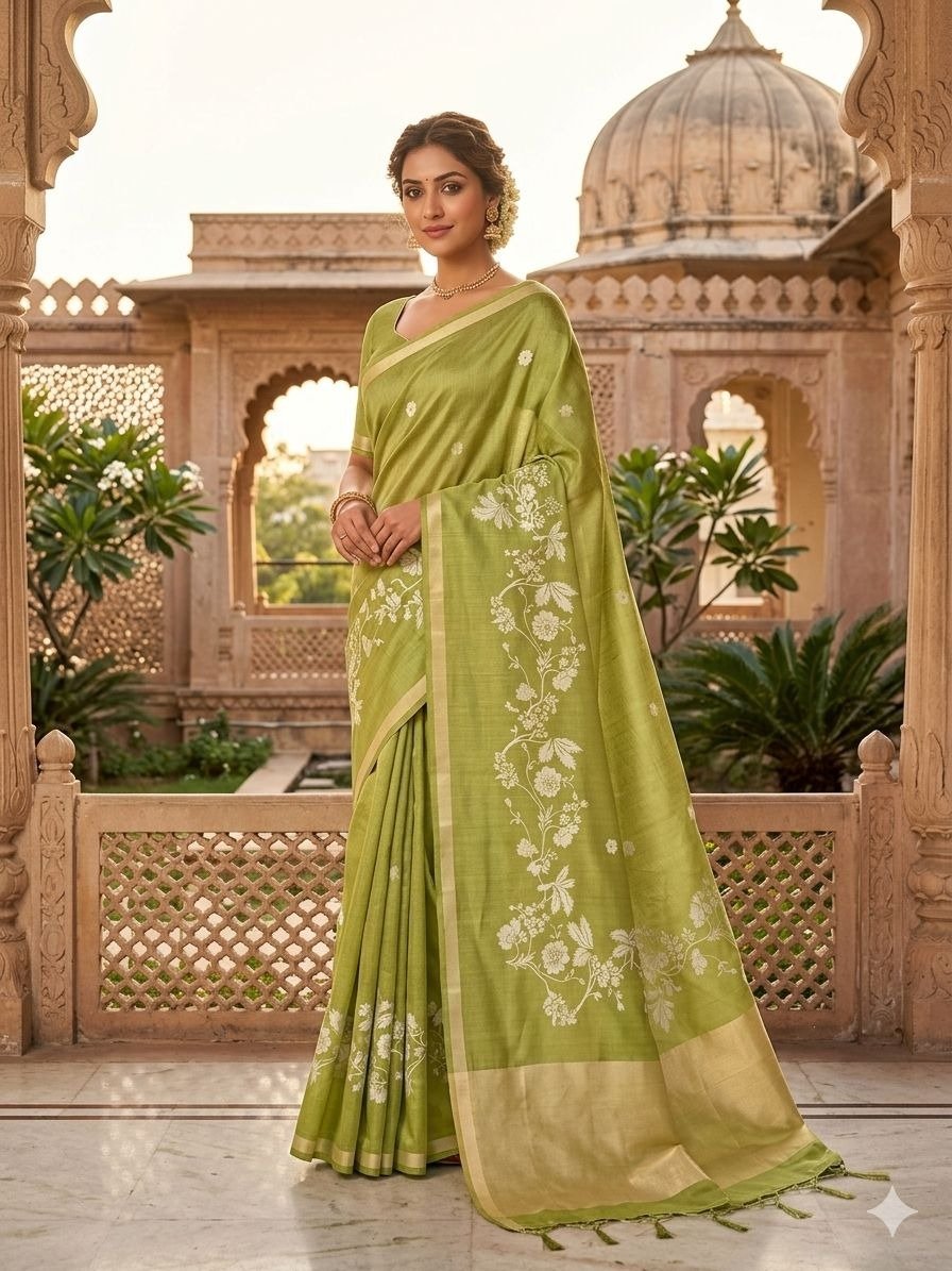 green silk blend saree