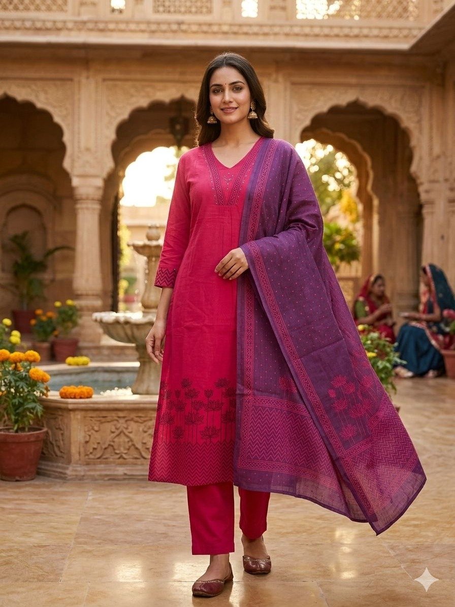 3-piece pink embroidered kurta set