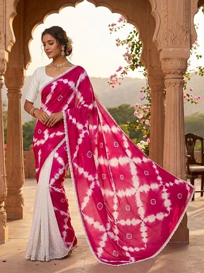 Pink and White Tie-Dye Saree featuring an Embroidered White Pleat Section