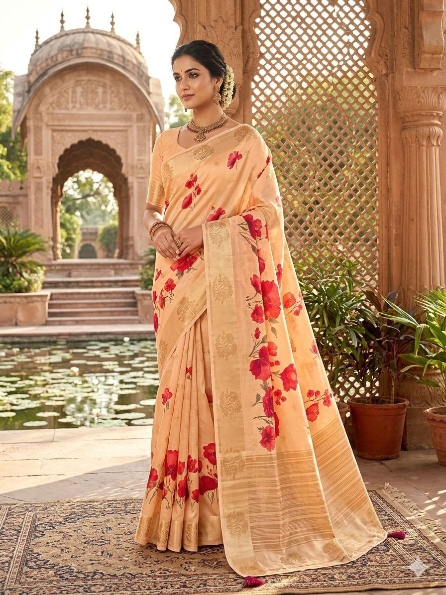 Peach and Cream Floral Printed Saree