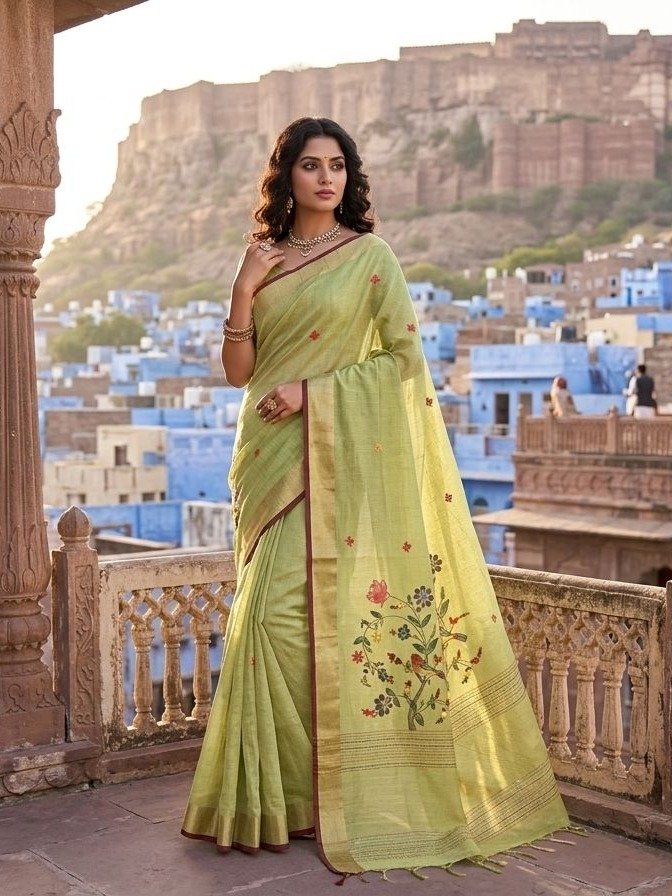  pistachio green floral saree