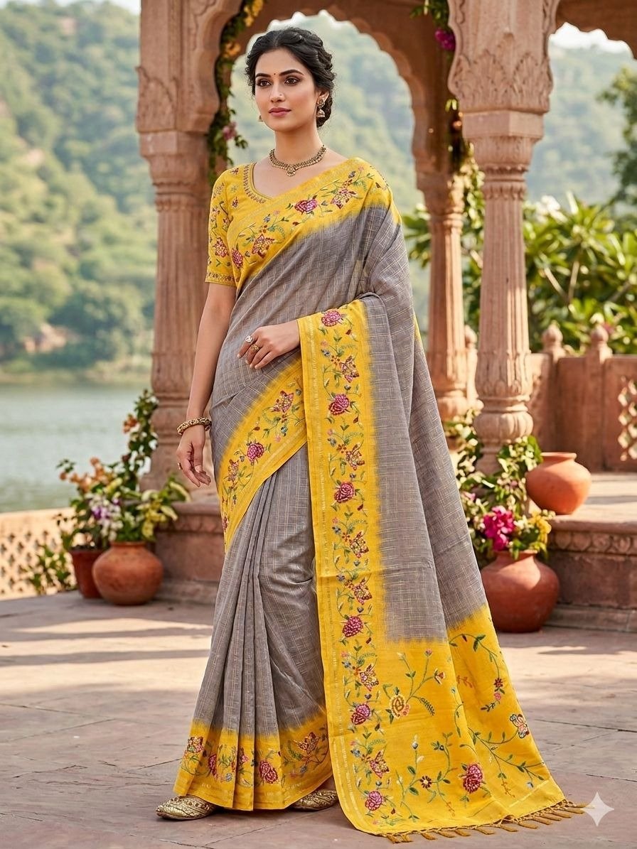 grey and mustard/yellow designer saree