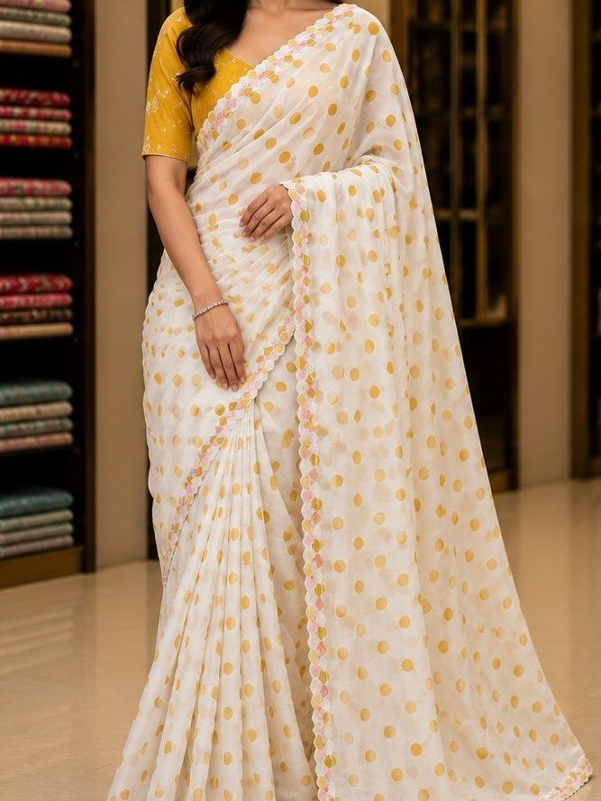  white polka dot georgette saree 