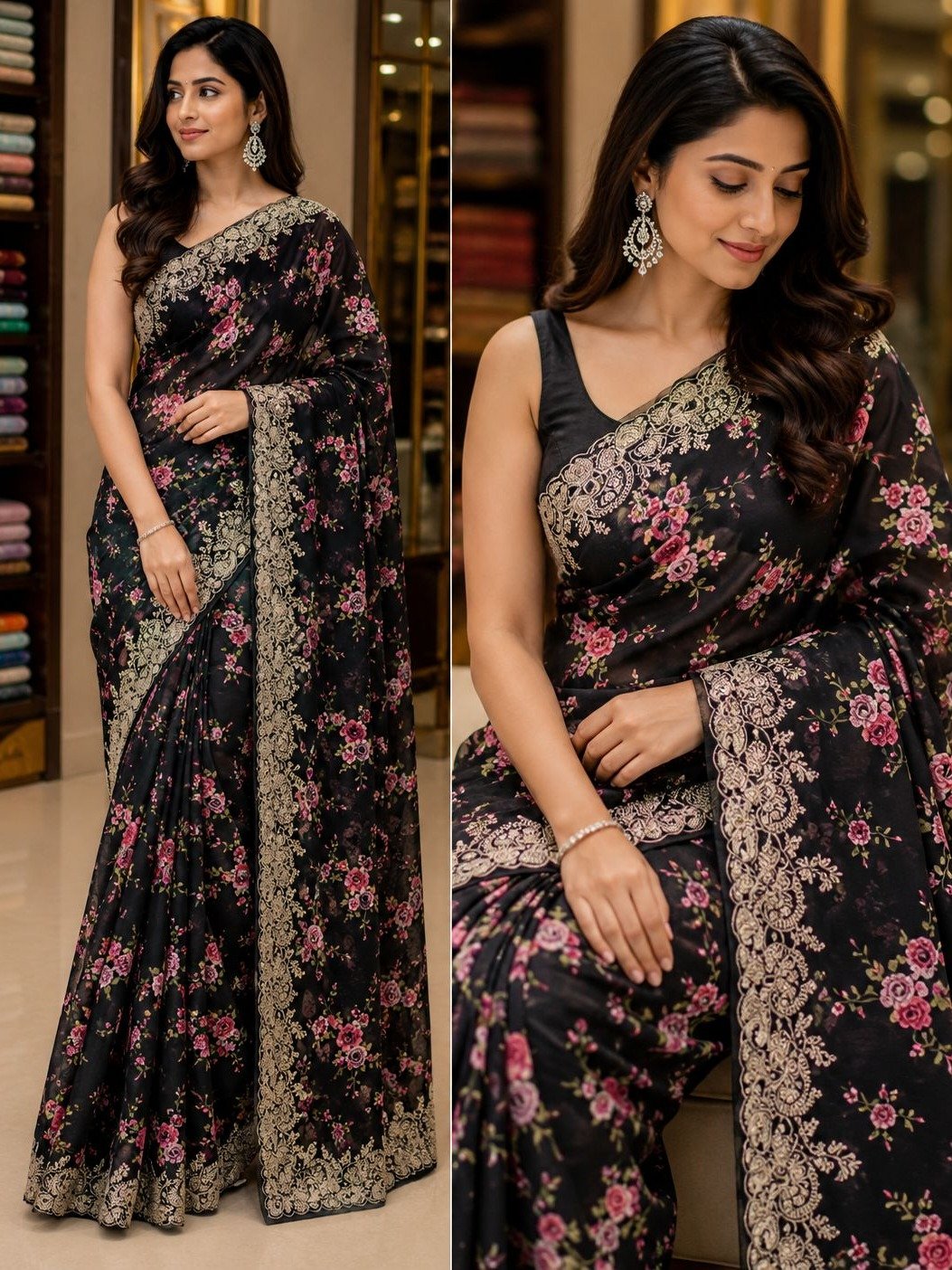 black floral georgette saree