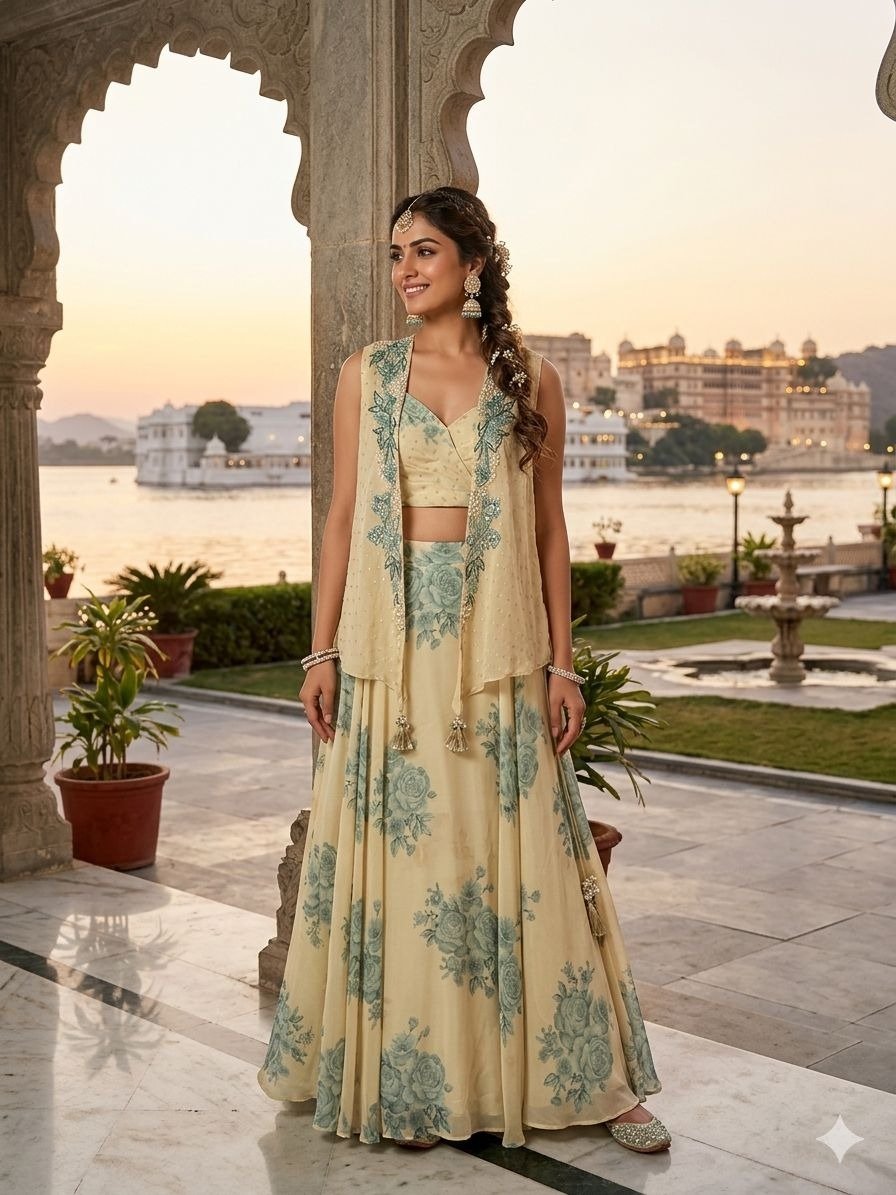Beige and Blue Floral Printed Lehenga Set