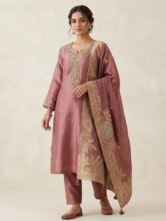 Mauve Pink Embroidered Silk Kurta Set
