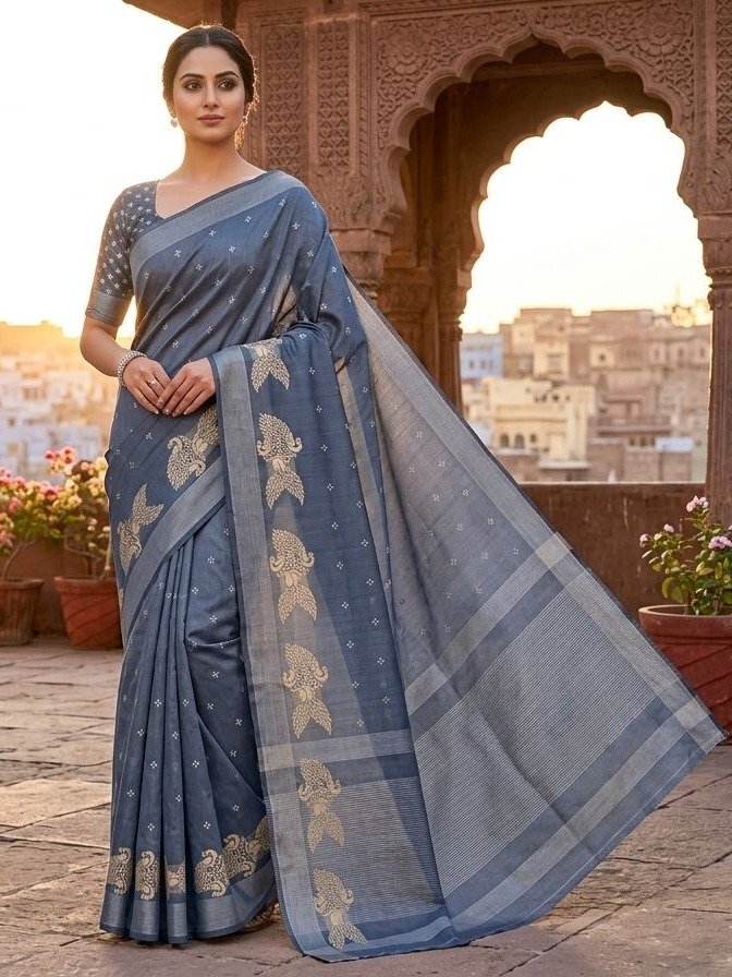 steel blue or grey Banarasi Silk