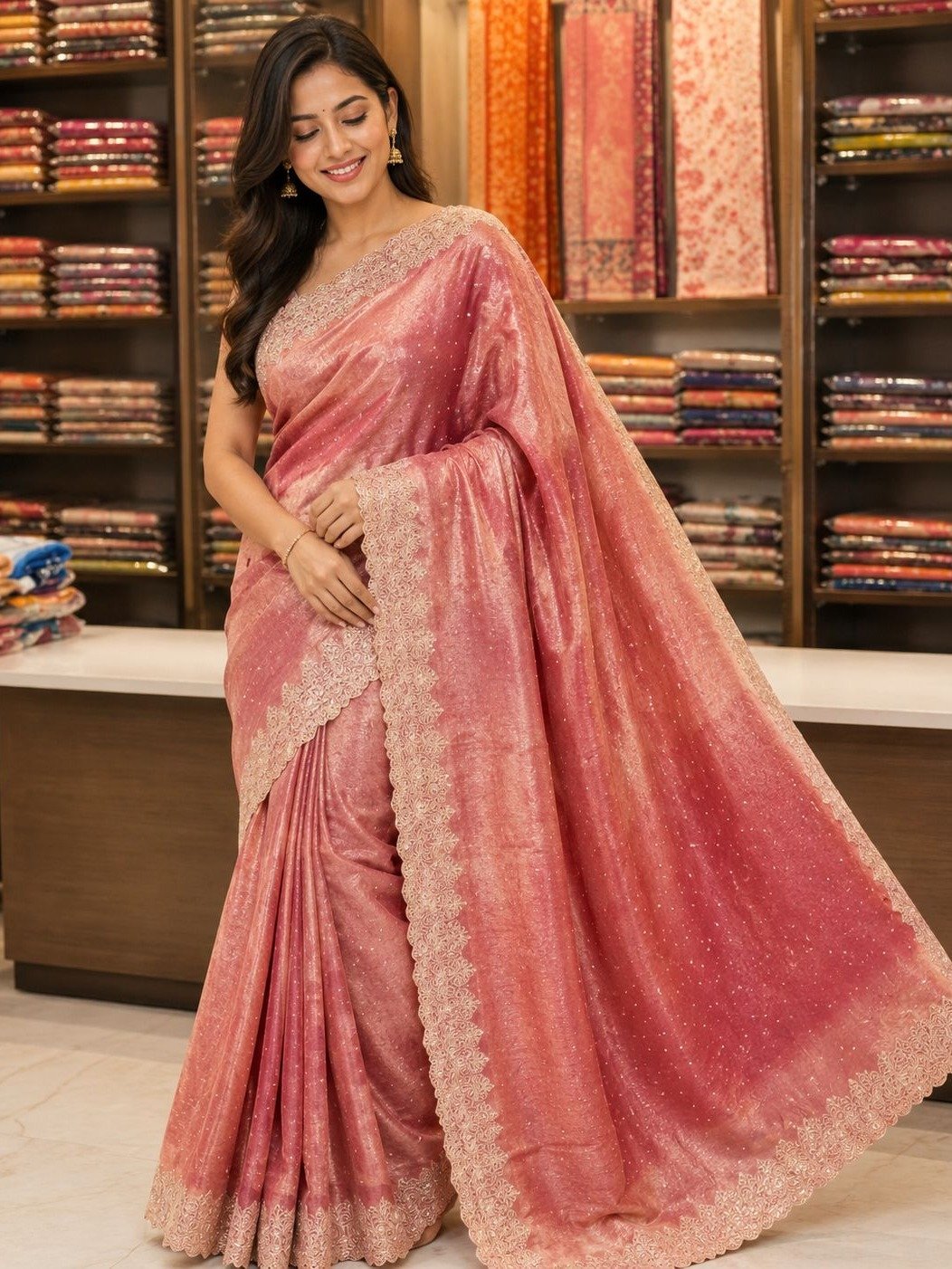 Onion Pink Crushed Tissue Silk Saree