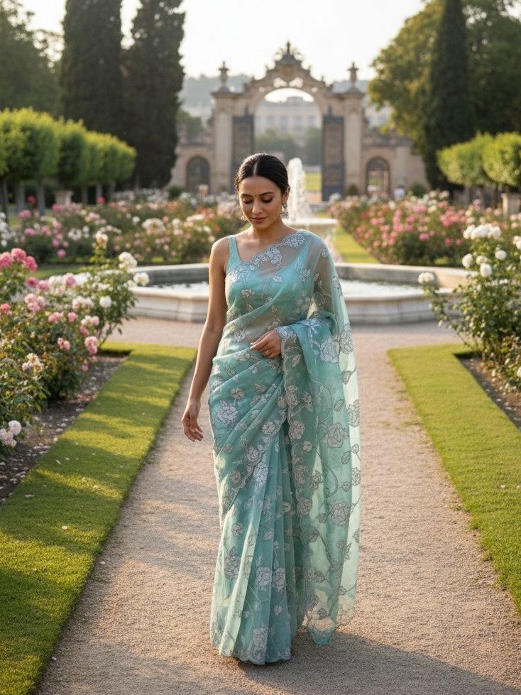 sea green organza embroidered saree 