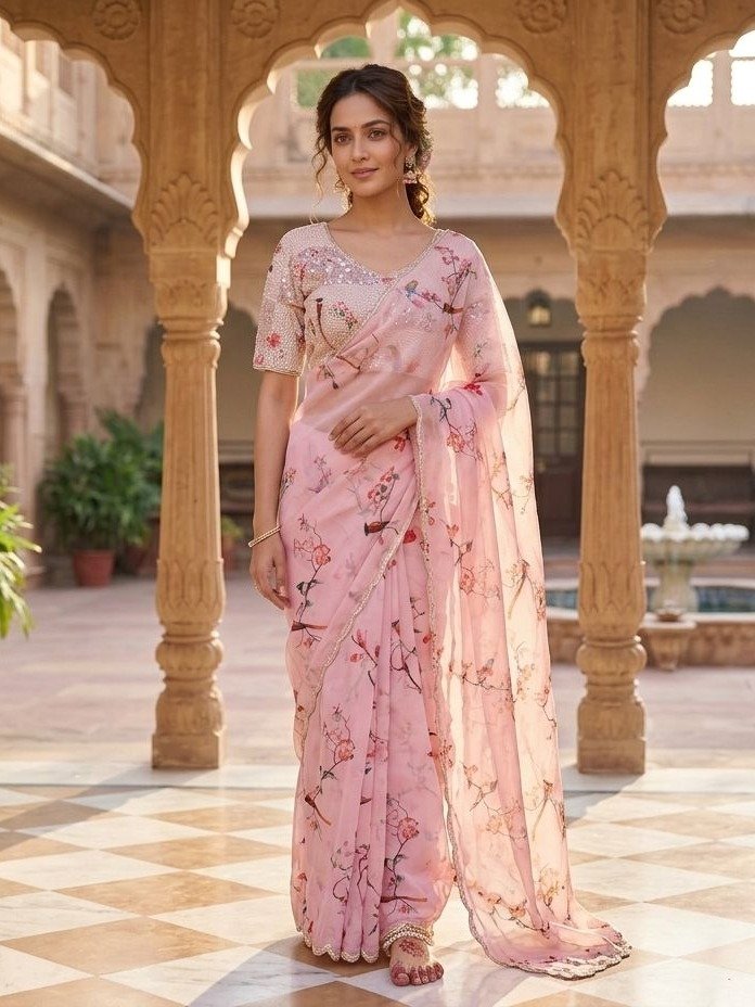 Pink Floral Printed Organza Saree