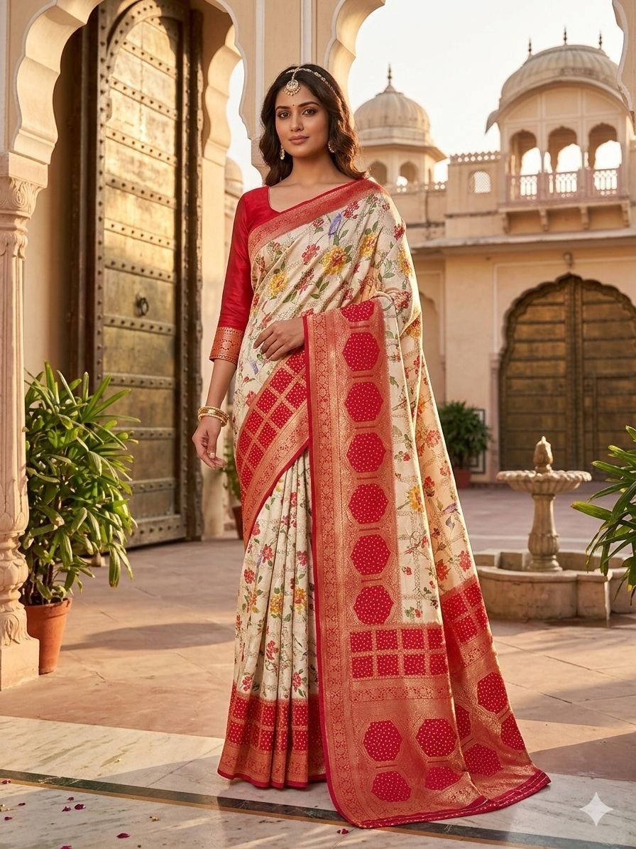 off-white and red Patola-inspired silk blend saree