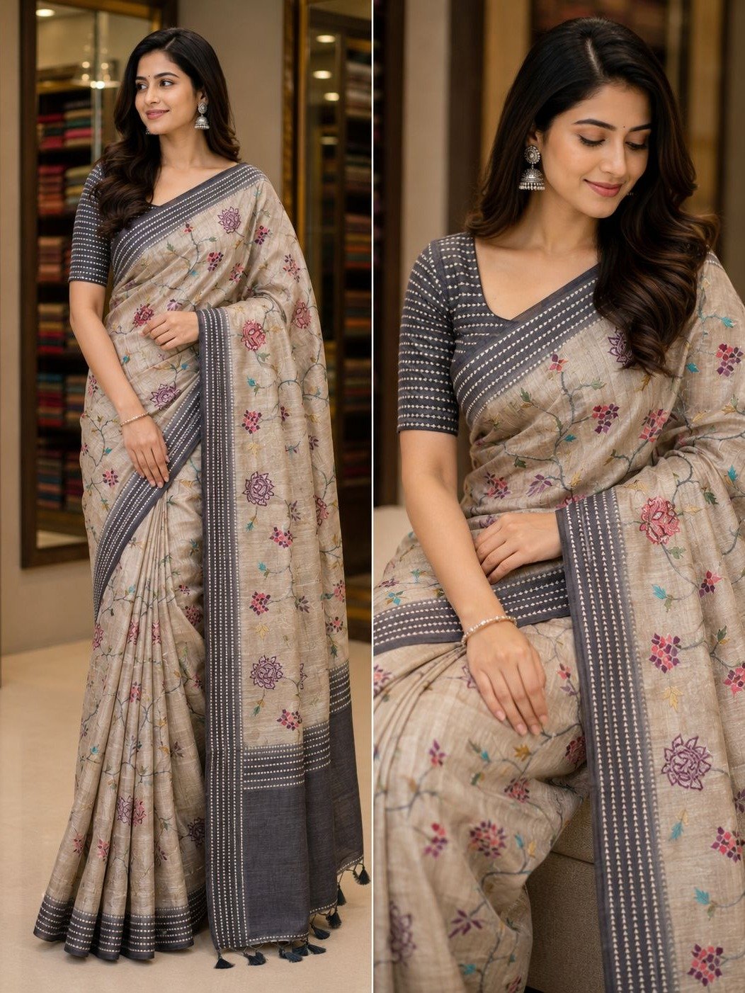  beige-taupe tussar linen saree