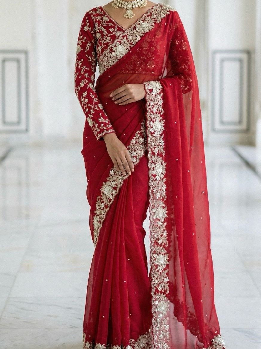 RED PARTY WEAR SAREE WITH STICHED BLOUSE