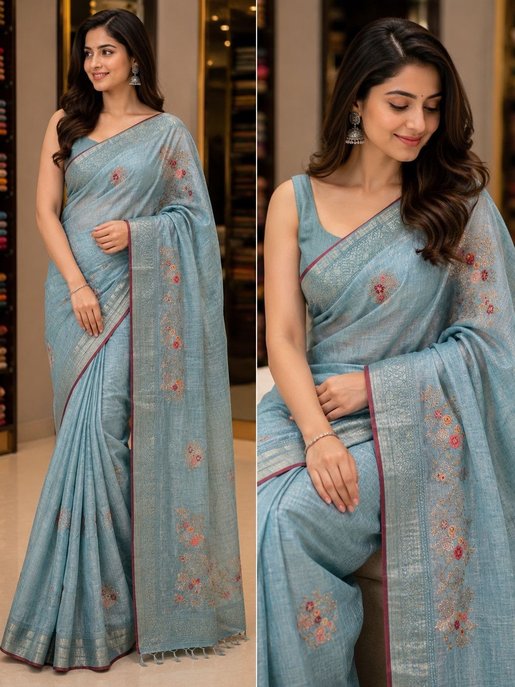  slate-blue handloom linen-silk saree