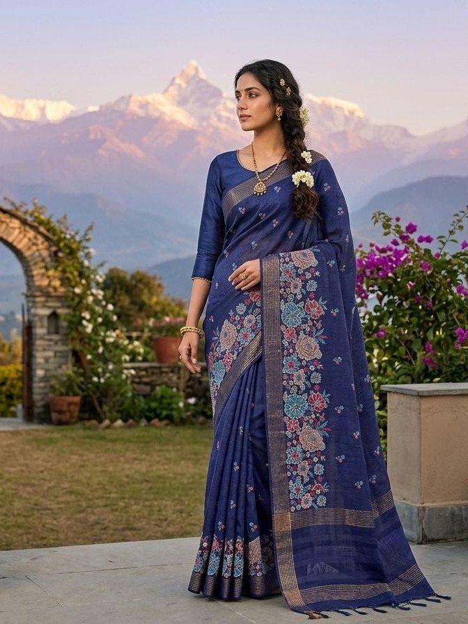 Navy Blue tusser silk blend
