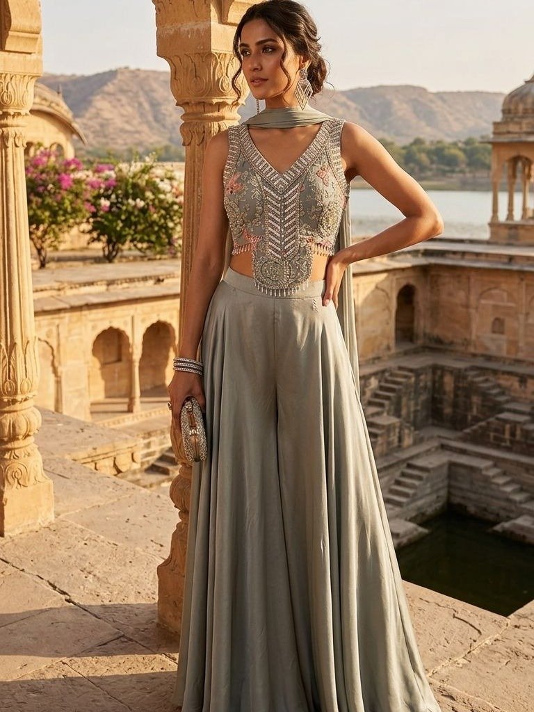  Grey Embroidered Palazzo Set