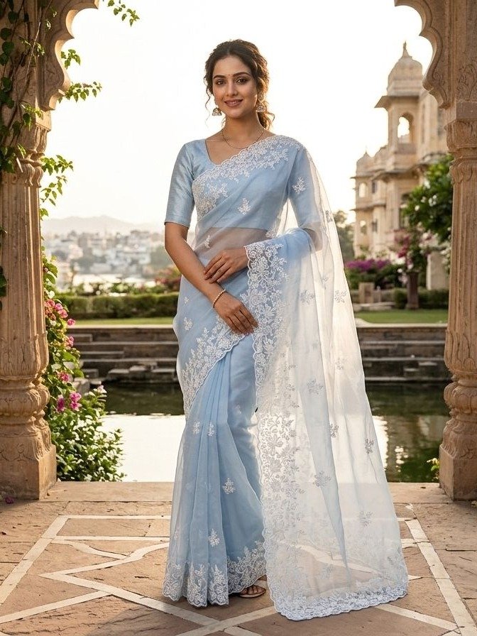 light blue embroidered saree