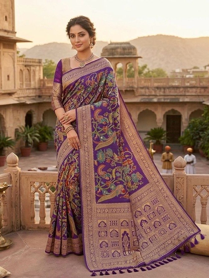 purple kalamkari saree Banarasi Silk 