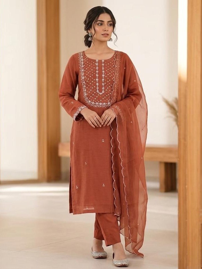  Rust Silk Embroidered Kurta Set