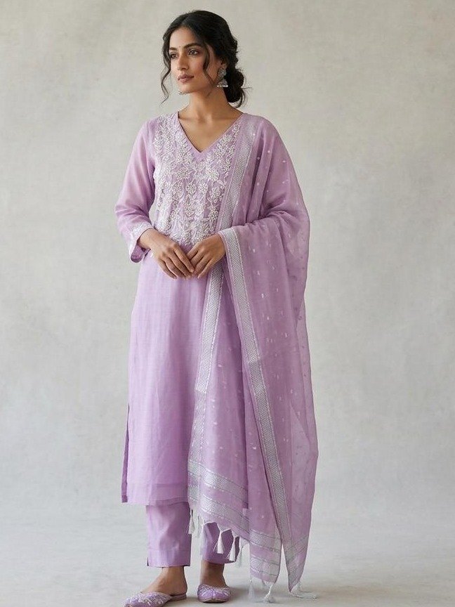  Lavender Embroidered Silk Blend Kurta Set