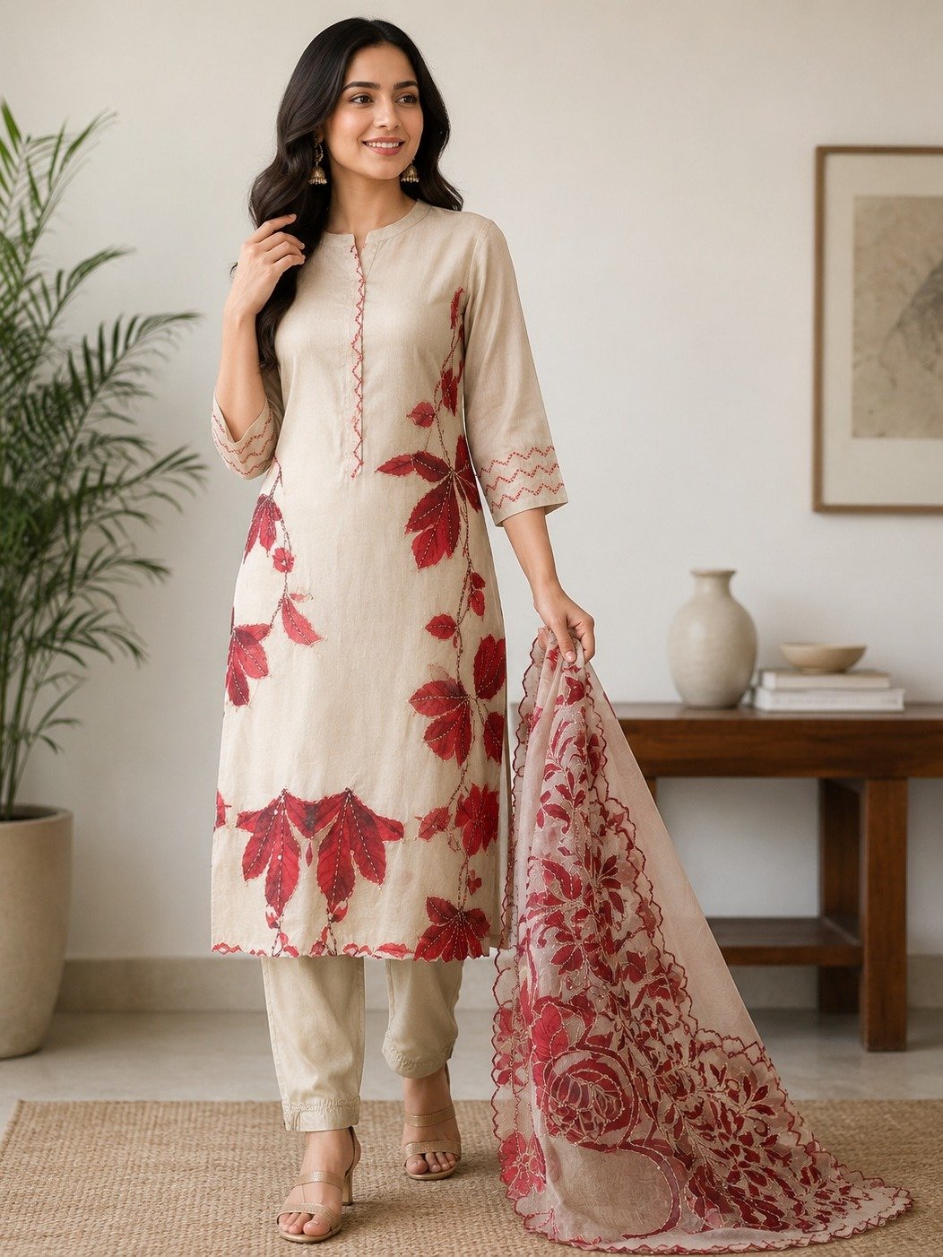  Beige and Crimson Floral Embroidered Kurta Set