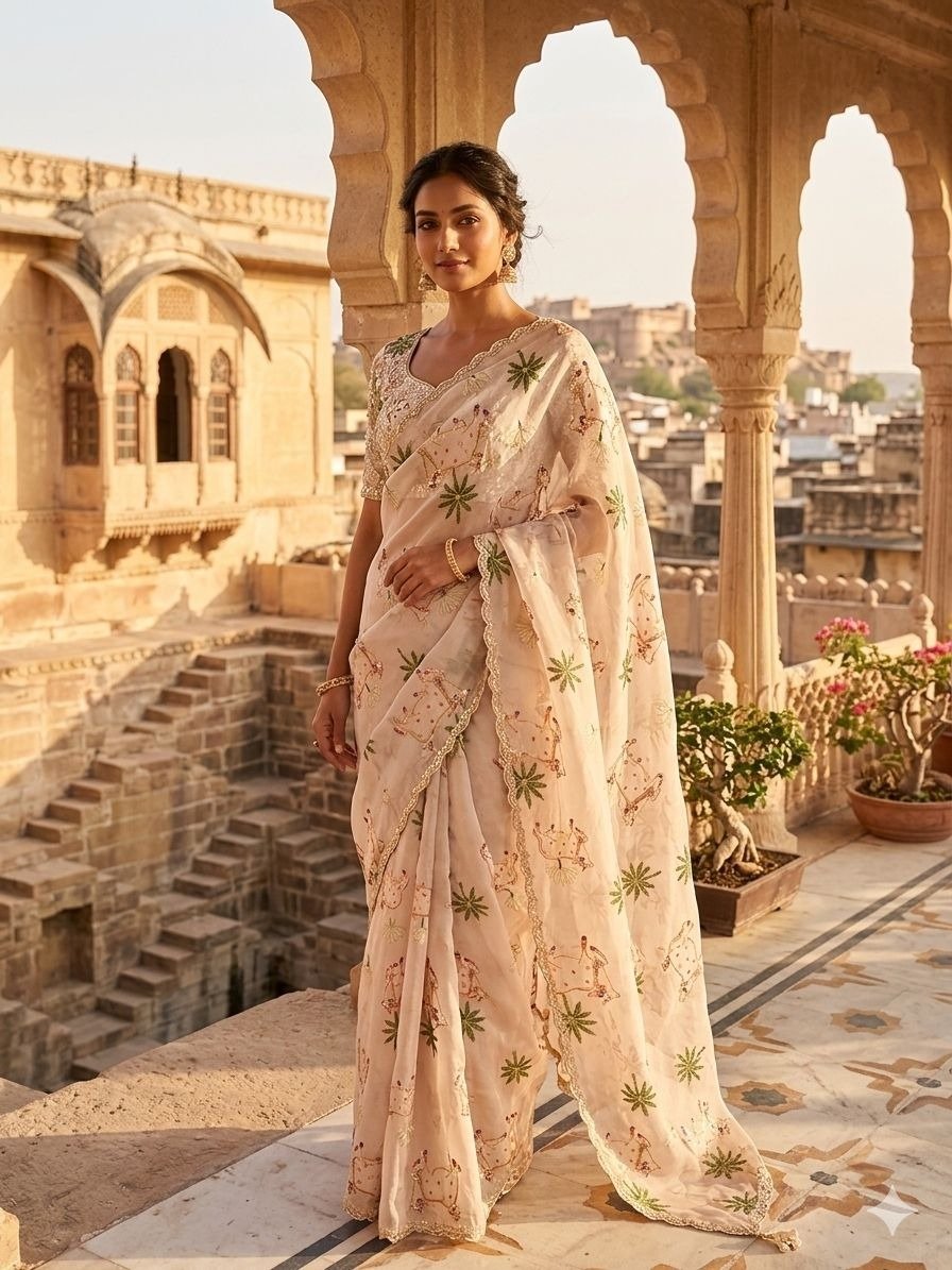 cream kalamkari saree with stiched blouse 
