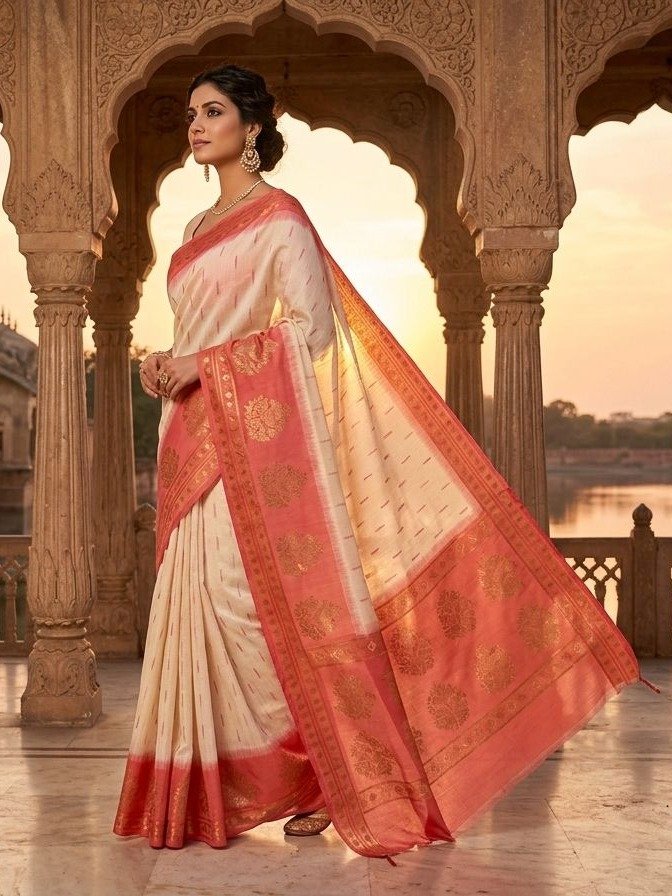 Cream and Red chandari Silk saree