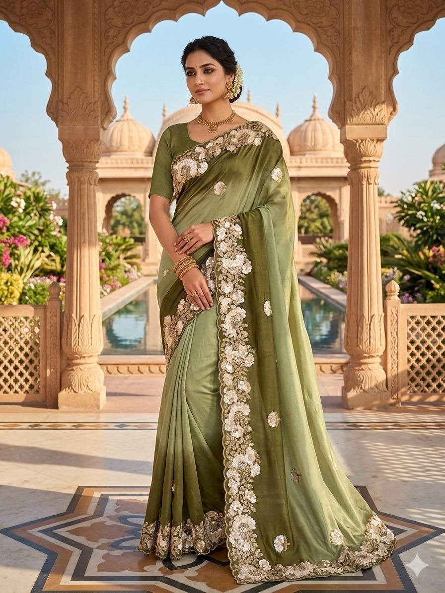 olive green tissue silk saree 
