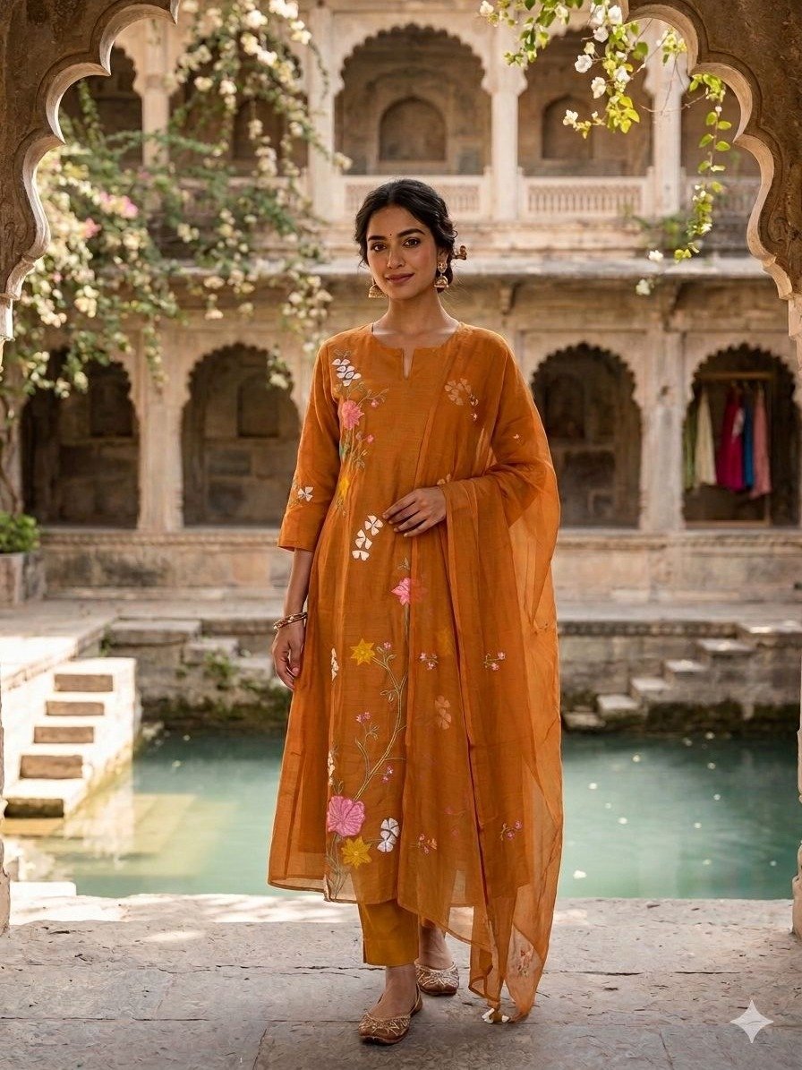 mustard or marigold orange floral kurta set