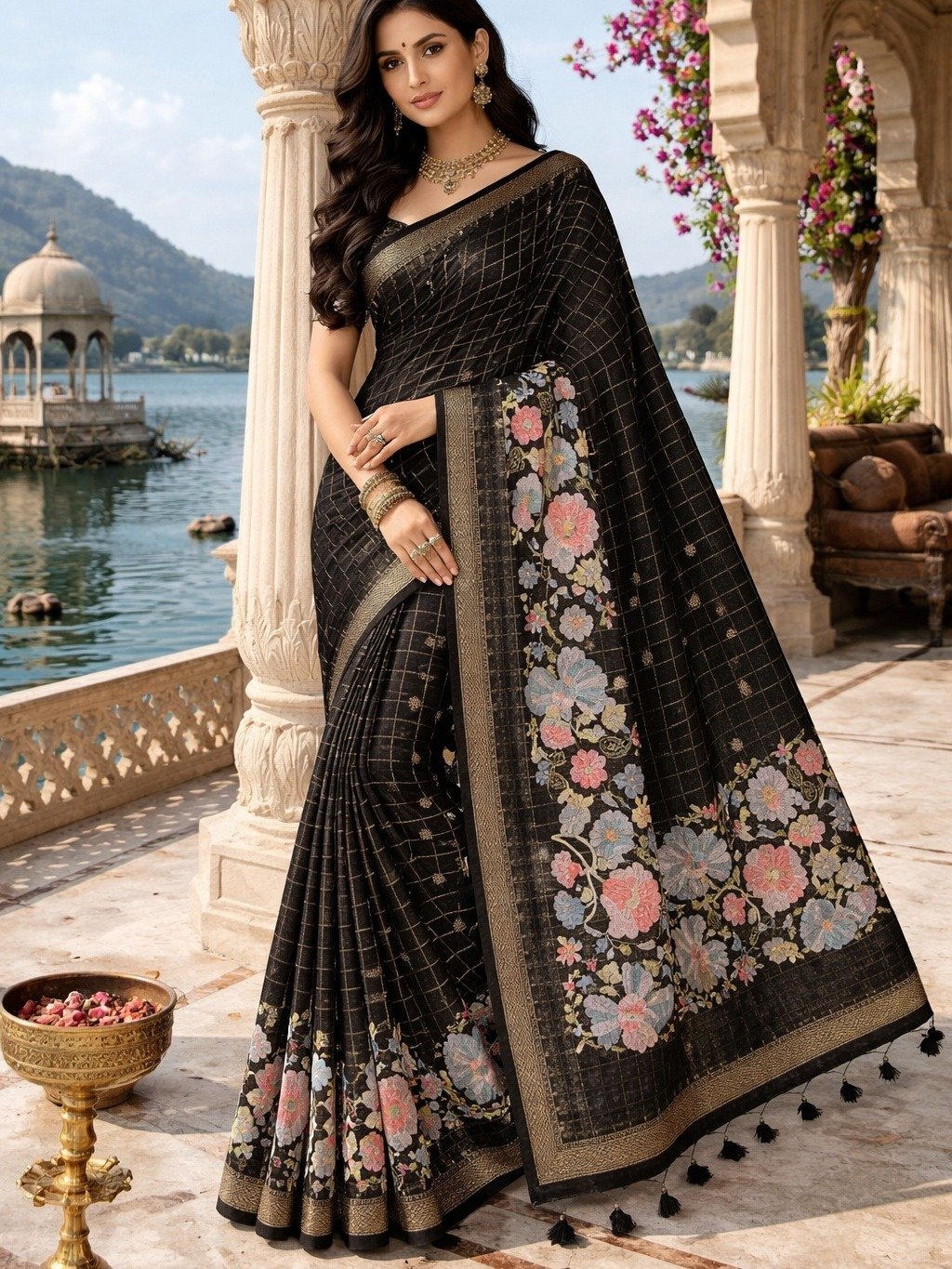 gold-toned zari check  black saree 