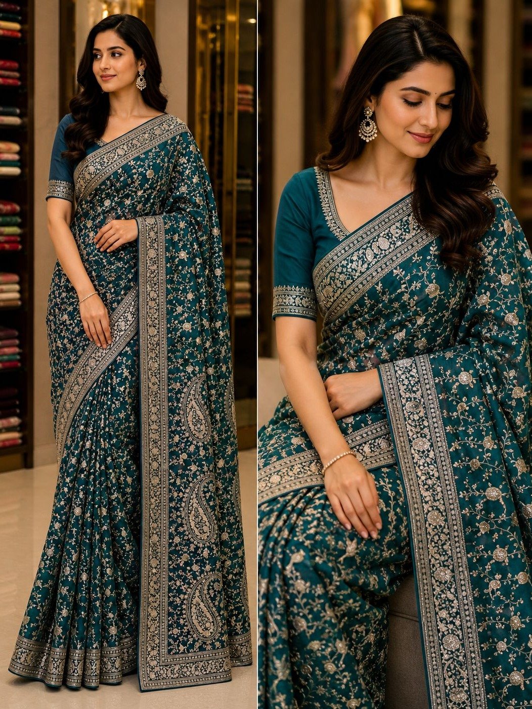 peacock-blue georgette saree