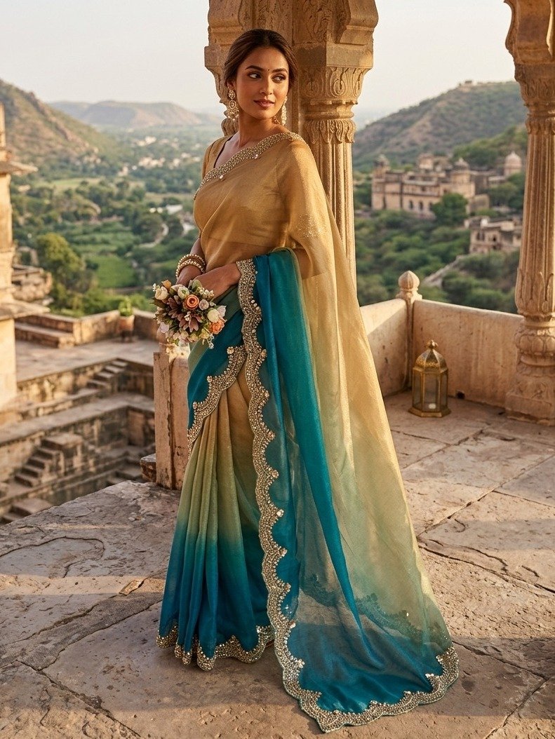 beige and blue saree