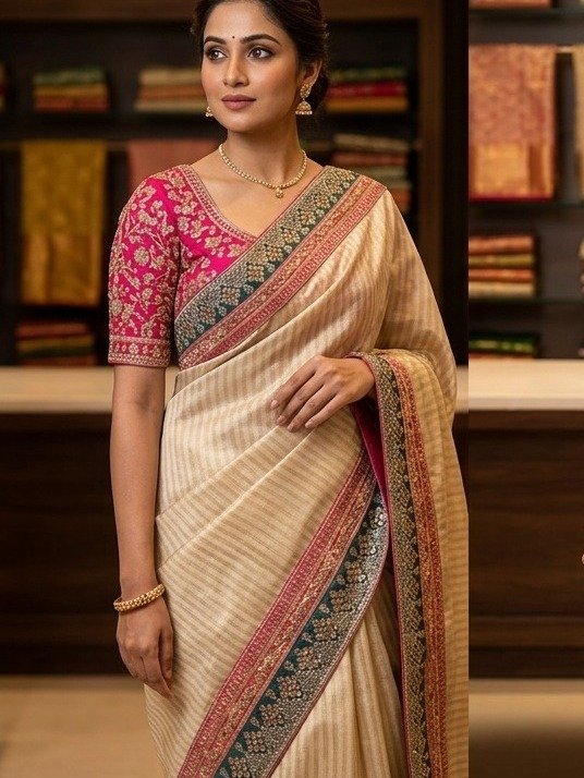  cream-beige striped silk saree