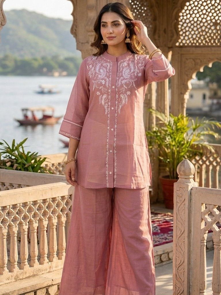 Autumn Lane Pink Embroidered Mid Thigh Cotton Woven Co-Ord Set