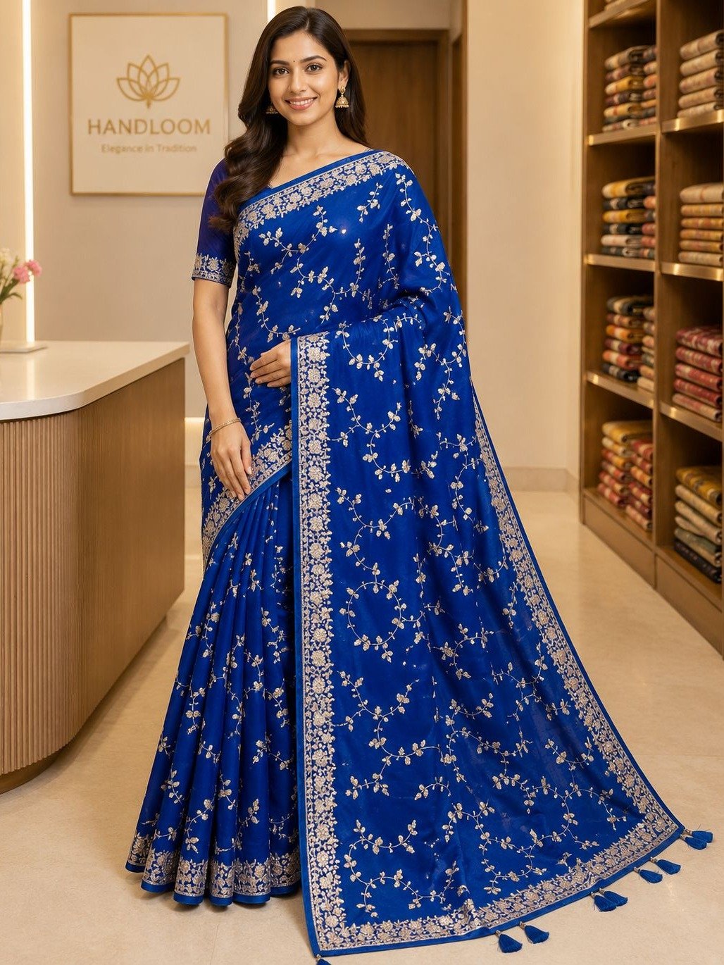  Royal Blue Embroidered Georgette Brasso Saree