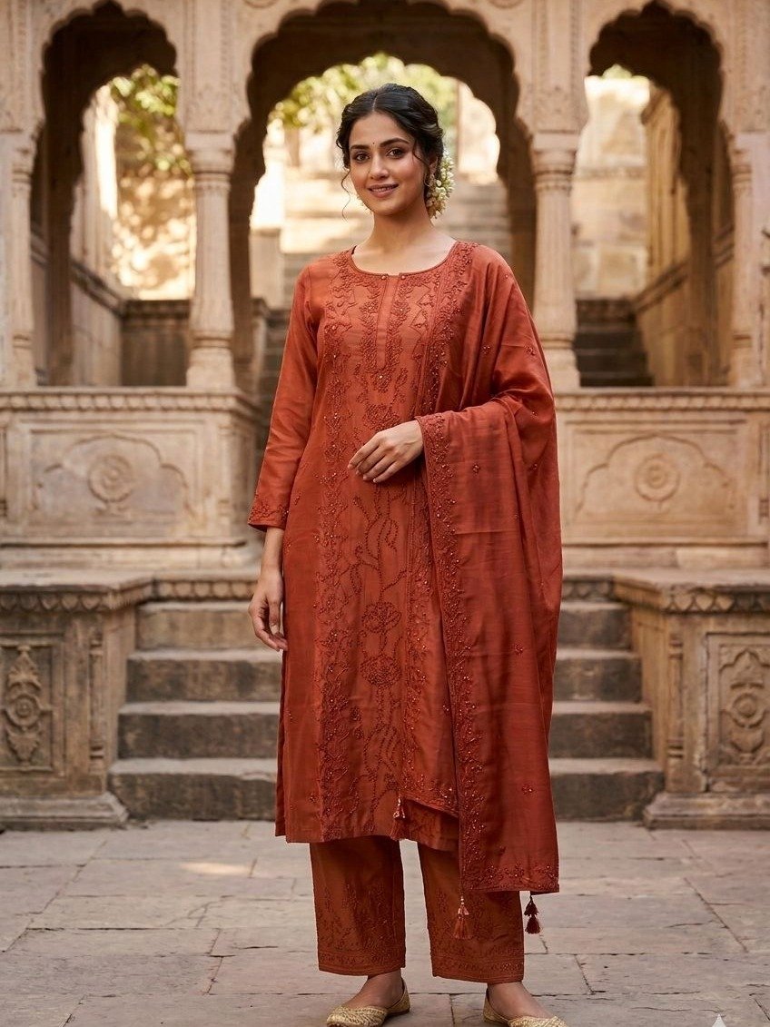  rust-colored three-piece kurta set