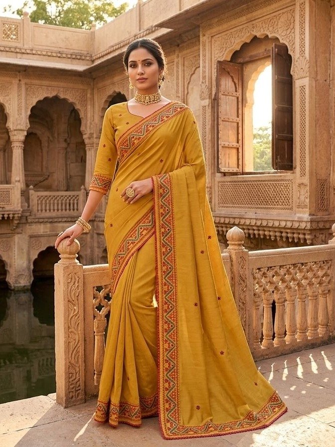 mustard yellow Silk Blend Embroidered Saree